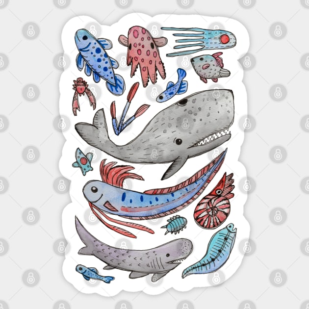 Deep Sea Fish and Creatures in Watercolor Sticker by narwhalwall